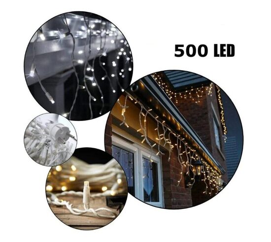  500 LED 25 Metrai lempučių lauko girlianda Varvekliai su baltu laidu, Šiltai baltos spalvos Flash